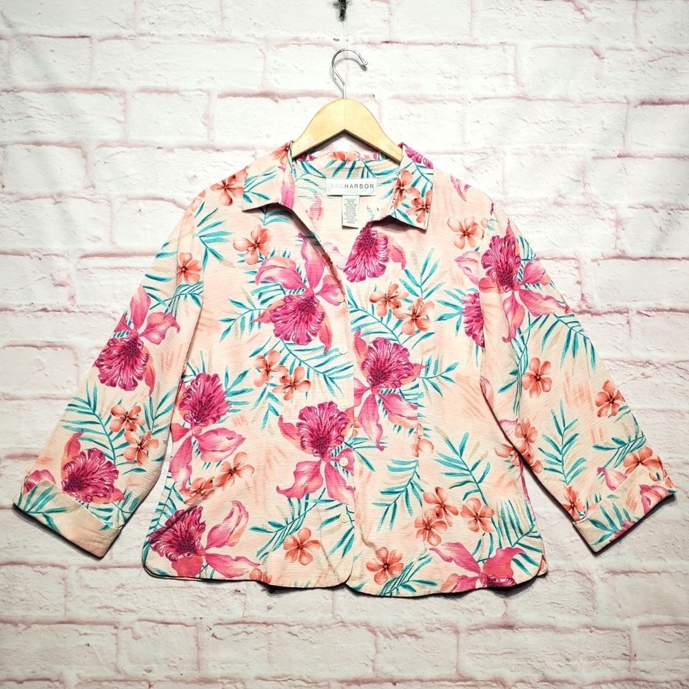 Sag Harbor Button Up Shirt Womens 14 Pink Floral Silk Beaded Tropical Hibiscus